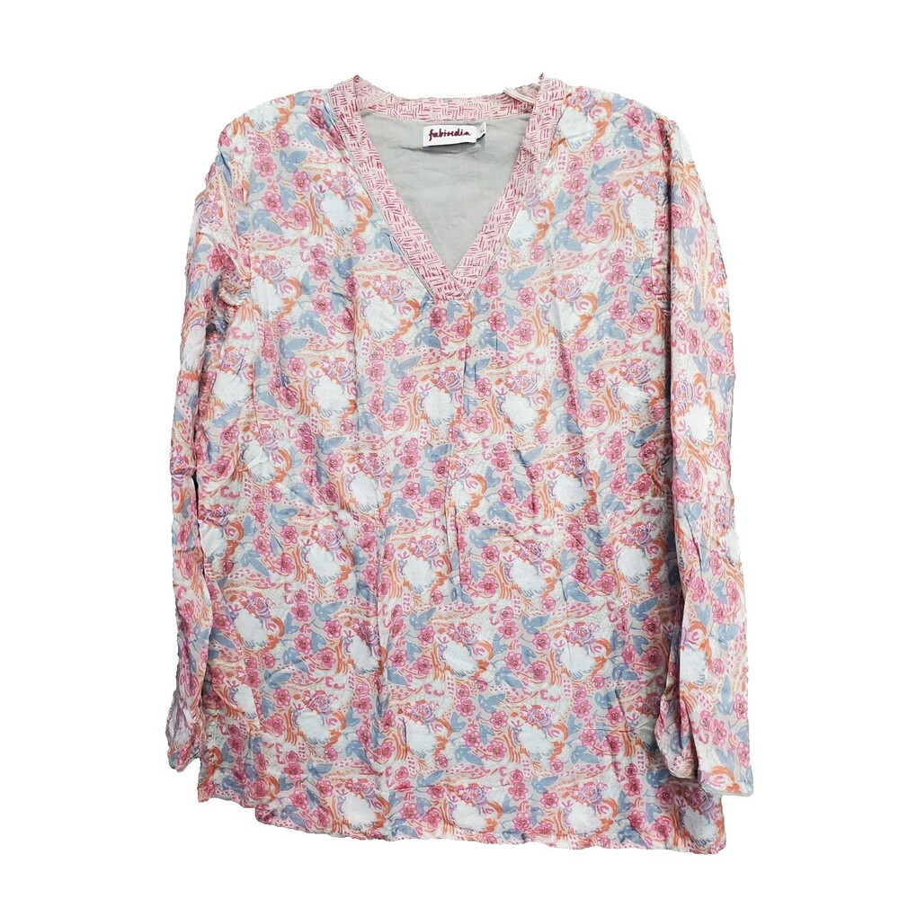 Fabindia Cupro/Lyocell Lined Floral V-Neck Popover Tunic Size Large